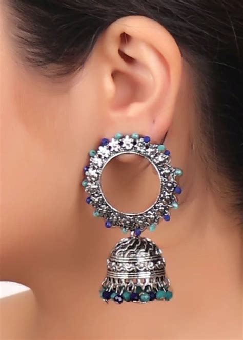 Get Blue & Green Studded Circular Jhumkas at ₹ 519 | LBB Shop