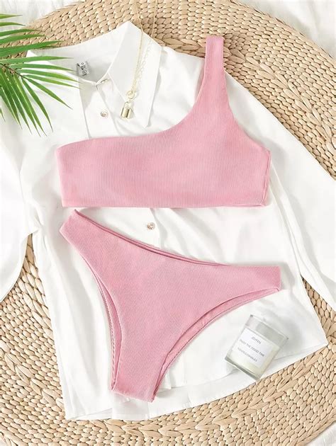 SHEIN Swim Conjunto de Biquíni com Uma Alça de Nervuras Para as Férias ...