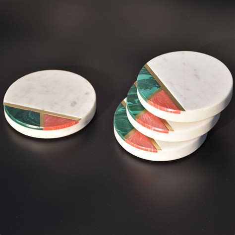 EXQUISITE MULTI-COLORED WHITE MARBLE ROUND COASTER WITH BRASS INLAY ...
