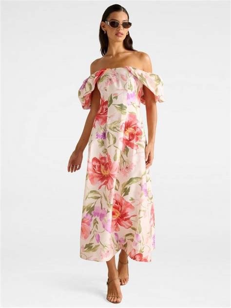 Forever New Janie Floral Off Shoulder Midi Dress, Pink