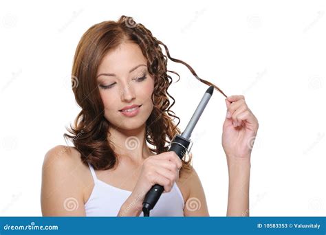 Beautiful Female Doing Hairstyle with Roller Stock Image - Image of ...