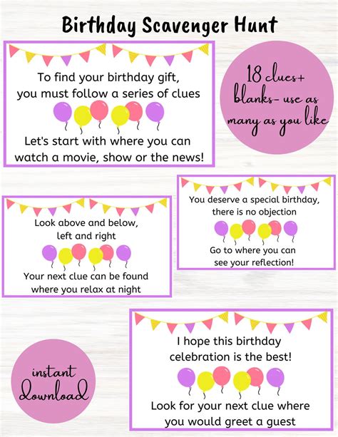 Birthday Scavenger Hunt Clue Cards | Birthday Treasure Hunt | Birthday ...