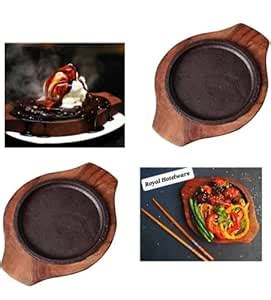 Buy Sizzler Plate with Wooden Base and Handle/Brown Sizzler Cast Iron ...