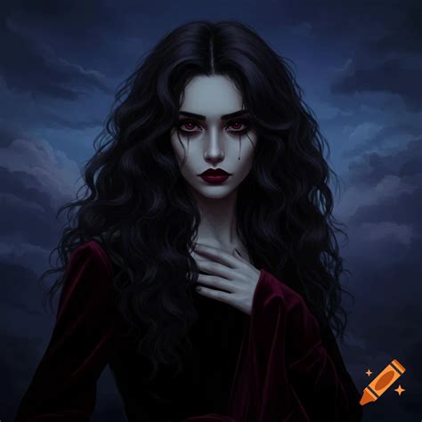 Portrait of a pale woman with red hair, dark makeup, and red eyes in a ...