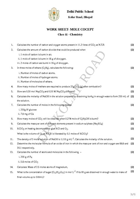 Class 11 Chemistry: Mole Concept Worksheet - Delhi Public School - Studocu