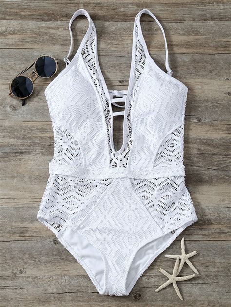 One-Pieces | White Plunging Backless Lace Moulded Swimwear - Gamiss ...
