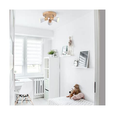 Lan round wooden ceiling lamp with 3 white spotlights for E14 bulbs.