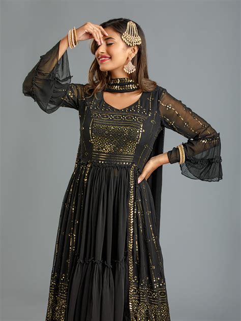 Black Embroidered Side Slit Kurta Sharara Set With Mirror & Sequins Wo ...