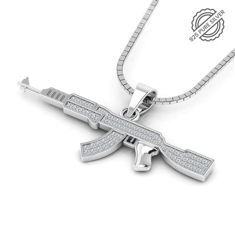 925 Pure Silver AK47 Gun White Iced Pedant For Mens with Chain ...
