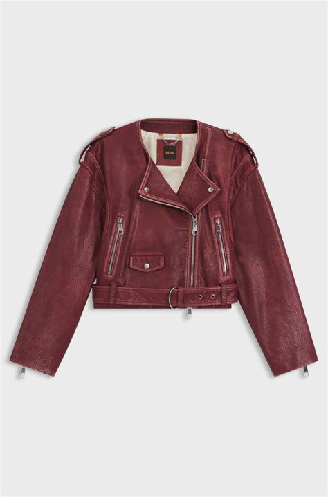 BOSS - Cropped biker jacket in grained leather - Dark Red