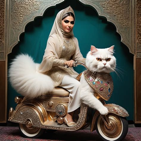 a beautifully iranian woman riding a beautiful persian cat that is ...