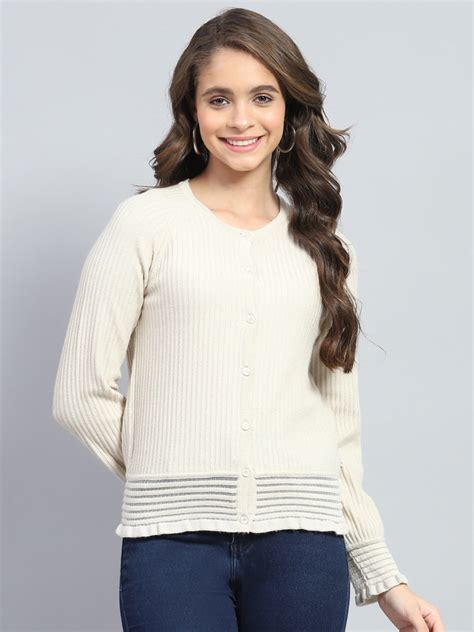 Buy Women Beige Self Design Round Neck Full Sleeve Cardigan Online in ...