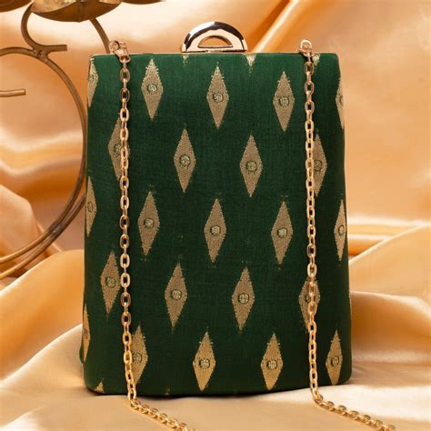 Artklim Green Base Brocade Fabric Ethnic Clutch