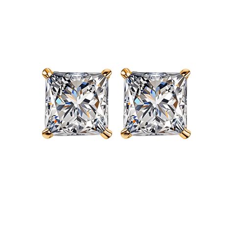 Solitaire Gold Square Stud Earrings in 92.5 Silver - Princess Cut - Br ...