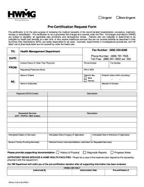 2014 HWMG Precertification Request Form - Blank Fillable Template ...