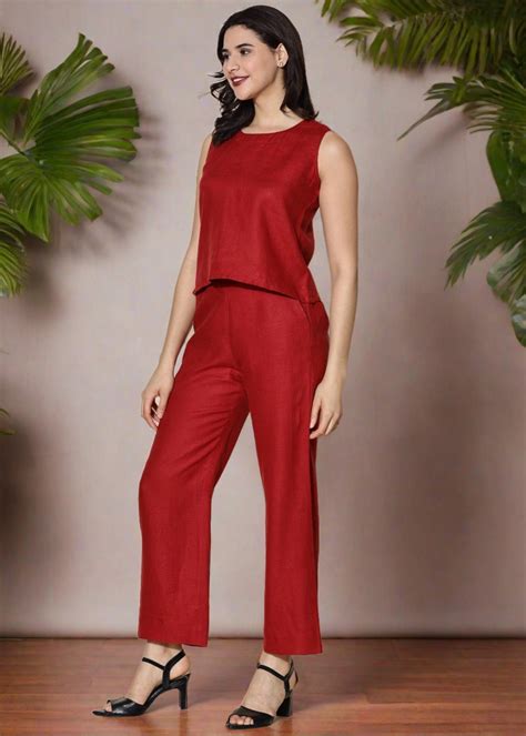 Mae - Pure Linen Sleeveless Women's Co-ord Set - Mud Red – Linen Trail