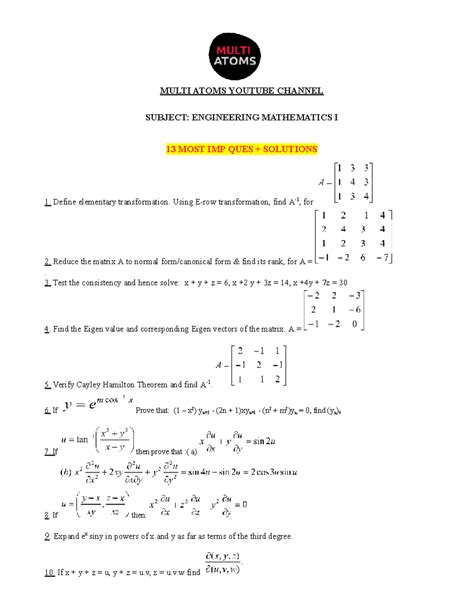 Engineering Mathematics I - Important Questions & Solutions (KAS) - Studocu