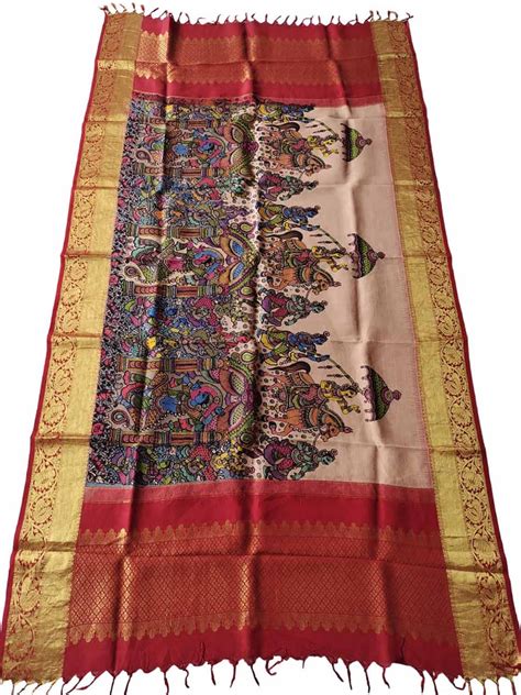 PD1K1KK523040502 Multicolor Pen Kalamkari Pure Silk Dupatta With ...