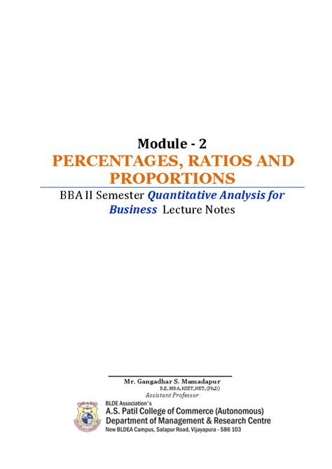 Module 2 - Percentages, Ratios, and Proportions BBA II Sem Quantitative ...