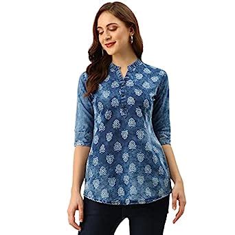 ZOLA Floral Block Print Mandarin Collar Hip Length 3/4th Sleeves Denim ...