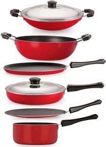 NIRLON Non-Stick Aluminium Cookware Set, 6-Pieces, Red/Black ...