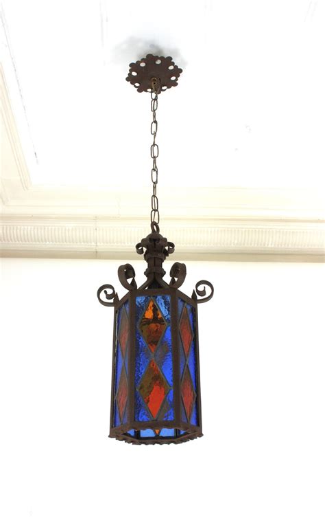 Spanish Hexagonal Lantern in Iron and Orange Blue Glasses For Sale at ...