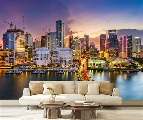 Peel and Stick Wallpaper Canvas Miami Florida Skyline Modern Art Wall ...