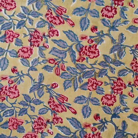 Pure Cotton Jaipuri Pale Mustard Yellow With Grey Blue And Pink Floral ...