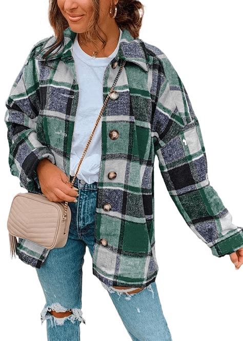 ONLYSHE Women's Classic Plaid Button Down Shacket Jacket Long Sleeve ...