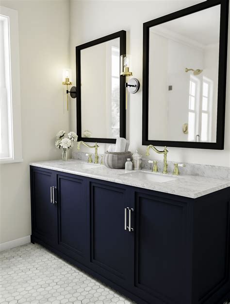 Traditional Bathroom with Dark Blue Vanity | Bathroom vanity decor ...