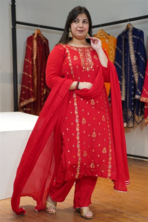 Anunika Red Fancy Chinon Suit - Apella