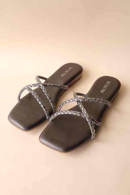 Buy Grey Embellished Criss Cross Strap Flats by Tic Tac Toe Footwear ...