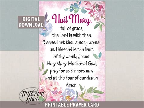 Hail Mary Prayer Card, Printable Our Lady Prayer, Rosary Prayer, Holy ...