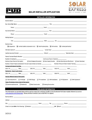 Fillable Online SOLAR INSTALLER APPLICATION - Snohomish County PUD Fax ...