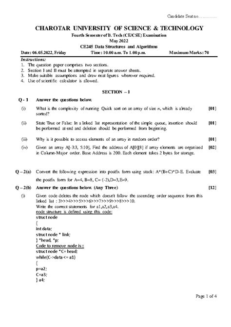 2022 dsa - paper - CHAROTAR UNIVERSITY OF SCIENCE & TECHNOLOGY Fourth ...