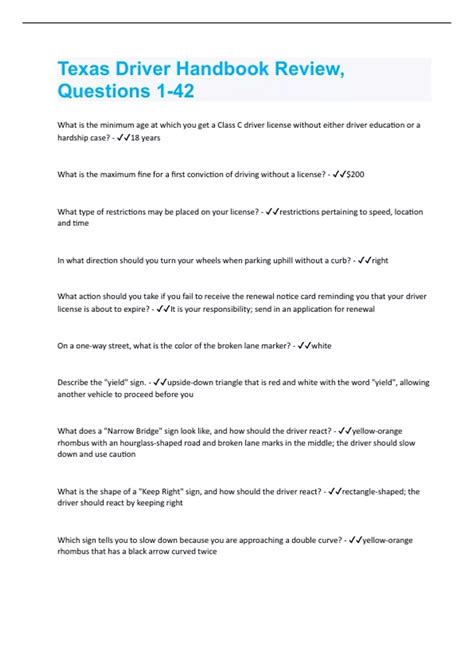 Texas Driver Handbook Review, Questions 1-42 | Questions with 100 % ...