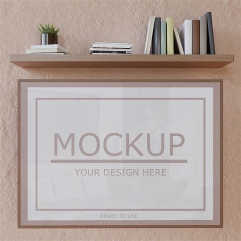 Vertical frame mockup on wall under book wall shelf | Premium PSD