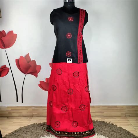 Black & Red Cotton Kantha Stitch Mirror Work Co-ord Set for Women (Top ...