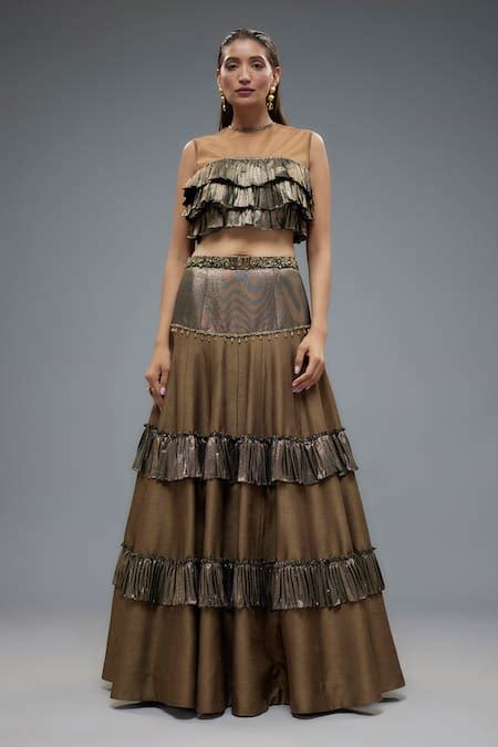 Buy Green Raw Silk Closed Illusion Neck Frilly Tiered Lehenga With ...