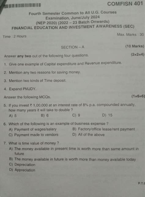 COMFISN 401 - Financial Education and Investment Awareness QP 2024 ...