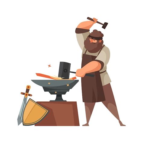 Medieval blacksmith making swords and shields on anvil cartoon | Free ...