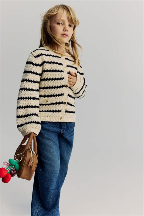 Crochet-look cardigan - Light beige/Striped - Kids | H&M IN