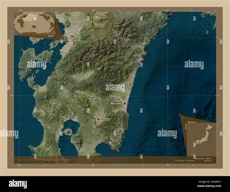 Miyazaki, prefecture of Japan. Low resolution satellite map. Locations ...