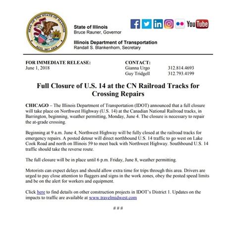 IDOT Road Closure Notice: US 14 at CNRR for Crossing Repairs
