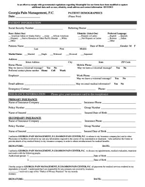 Fillable Online Georgia Pain Management PC PATIENT DEMOGRAPHICS Date ...