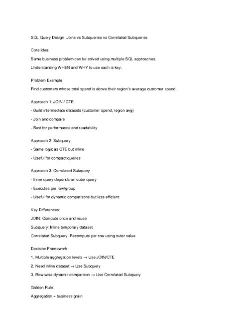 SQL Query Patterns: Joins vs Subqueries vs Correlated Subqueries - Studocu