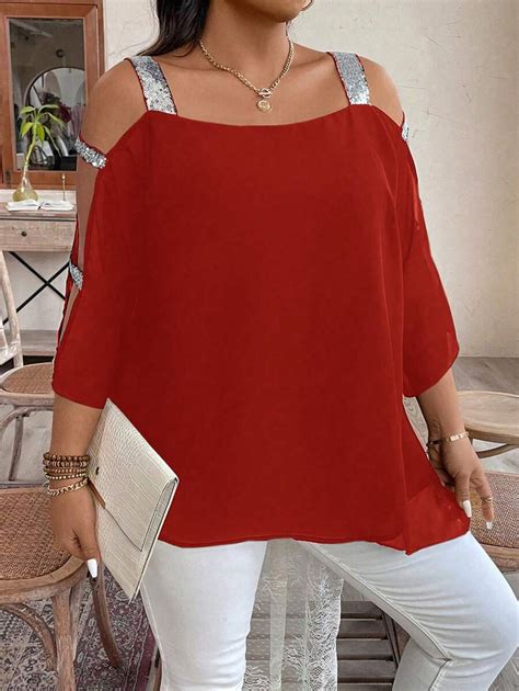 Plus Size Women Patchwork Sequin Shoulder Cutout Loose Fashionable ...