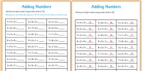Adding Three One Digit Numbers Lesson 1 Number Facts to 10 Sheet