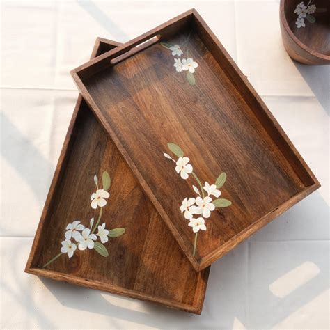 Aurum Crafts | Premium Handpainted Wooden Serving Trays (Set of 2)