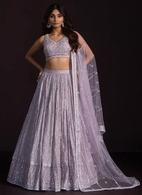 Purple Embroidered Organza Lehenga – Lashkaraa India